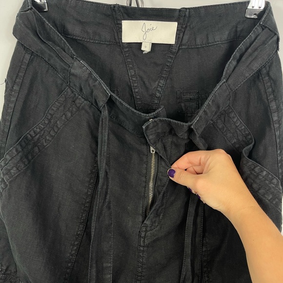 JOIE Erlette Cropped Linen Cargo Pants High Waisted Slouch Waist Ankle Tie Black - Picture 9 of 15